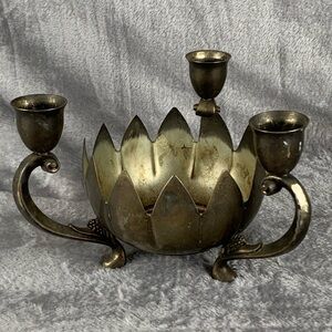 Vintage Silverplate Lotus Flower Bowl 3 Candle‎ Holder International Silver Co